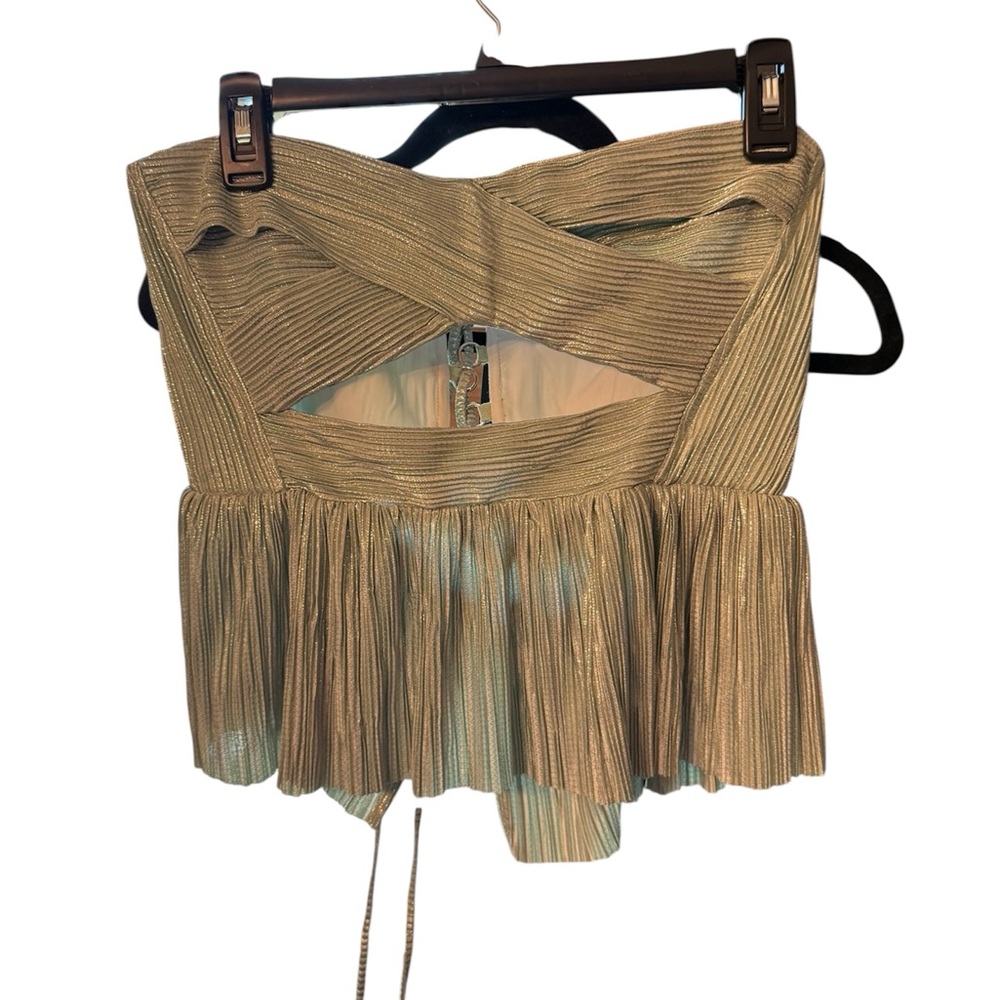 Sabina Musayev Lizi Peplum Hem Shiny Lace Up Back Tank Top, size Large